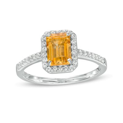 Emerald-Cut Lab-Created Citrine and White Lab-Created Sapphire Octagonal Frame Ring in Sterling Silver|Peoples Jewellers