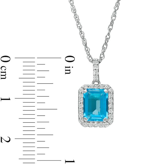 Emerald-Cut Simulated Blue Topaz and Lab-Created White Sapphire Octagonal Frame Drop Pendant in Sterling Silver|Peoples Jewellers