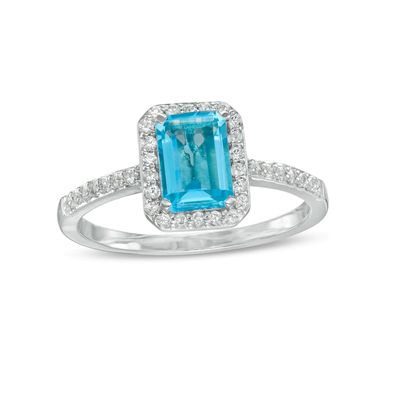 Emerald-Cut Simulated Blue Topaz and Lab-Created White Sapphire Octagonal Frame Ring in Sterling Silver|Peoples Jewellers