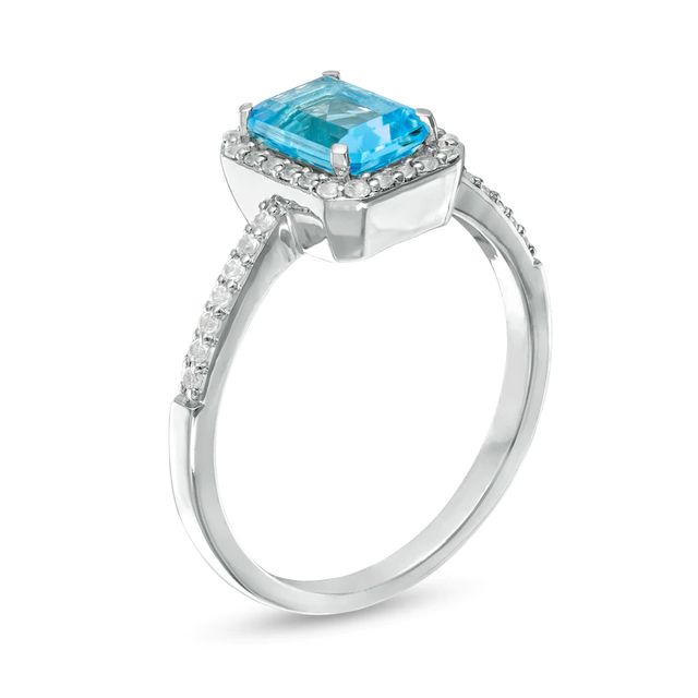 Emerald-Cut Simulated Blue Topaz and Lab-Created White Sapphire Octagonal Frame Ring in Sterling Silver|Peoples Jewellers