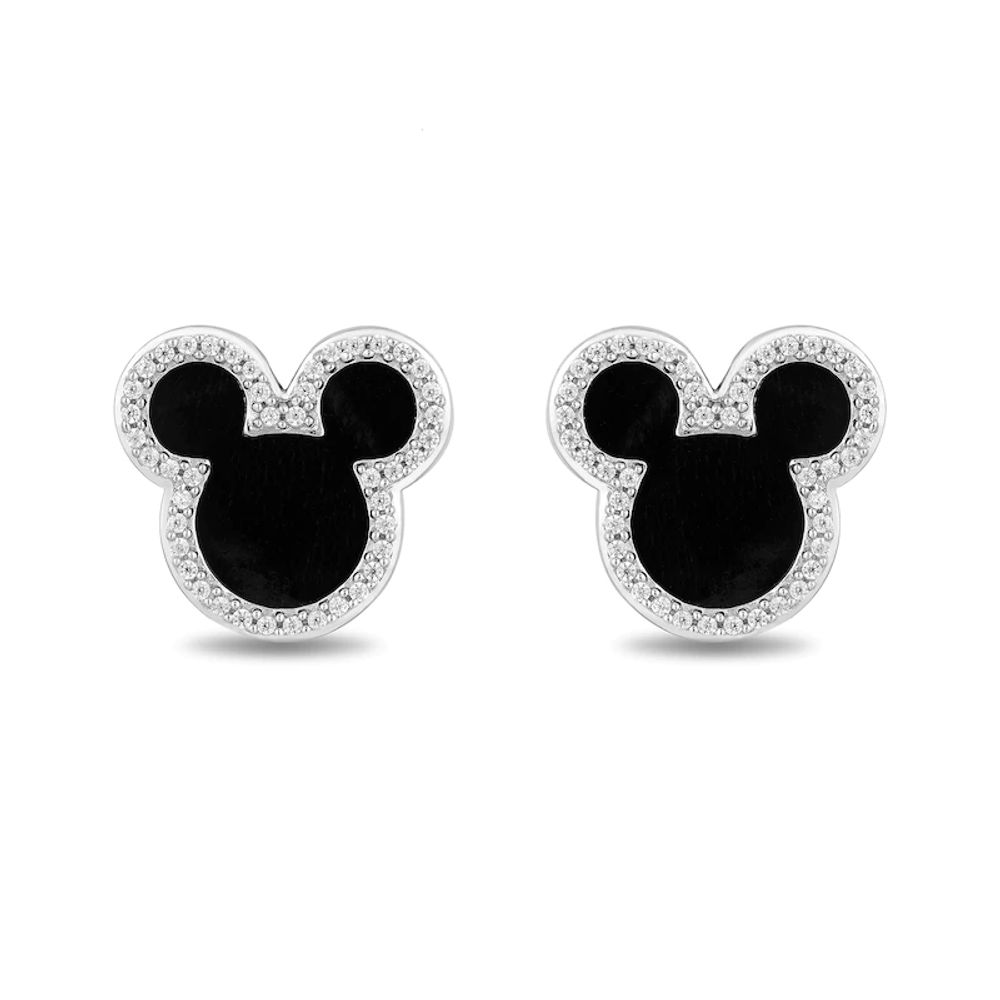 Disney Treasures Mickey Mouse 10.0mm Onyx and 0.145 CT. T.W. Diamond Outline Stud Earrings in Sterling Silver|Peoples Jewellers
