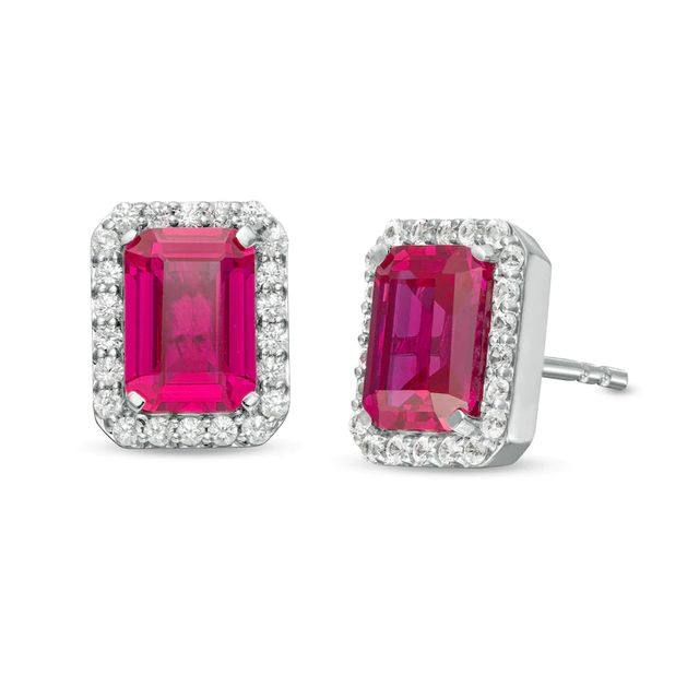 Emerald-Cut Lab-Created Ruby and White Sapphire Octagonal Frame Stud Earrings in Sterling Silver|Peoples Jewellers