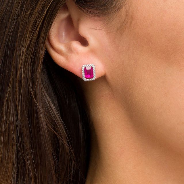 Emerald-Cut Lab-Created Ruby and White Sapphire Octagonal Frame Stud Earrings in Sterling Silver