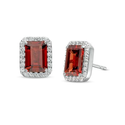 Emerald-Cut Simulated Garnet and Lab-Created White Sapphire Octagonal Frame Stud Earrings in Sterling Silver|Peoples Jewellers