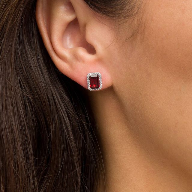 Emerald-Cut Simulated Garnet and Lab-Created White Sapphire Octagonal Frame Stud Earrings in Sterling Silver|Peoples Jewellers