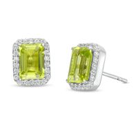 Emerald-Cut Simulated Peridot and Lab-Created White Sapphire Octagonal Frame Stud Earrings in Sterling Silver|Peoples Jewellers
