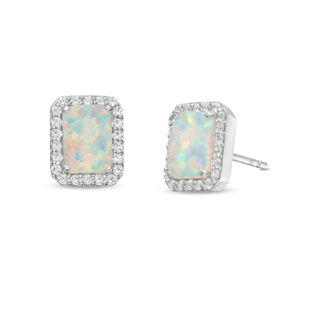 Emerald-Cut Lab-Created Opal and White Sapphire Octagonal Frame Stud Earrings in Sterling Silver|Peoples Jewellers