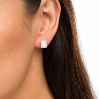 Emerald-Cut Lab-Created Opal and White Sapphire Octagonal Frame Stud Earrings in Sterling Silver|Peoples Jewellers