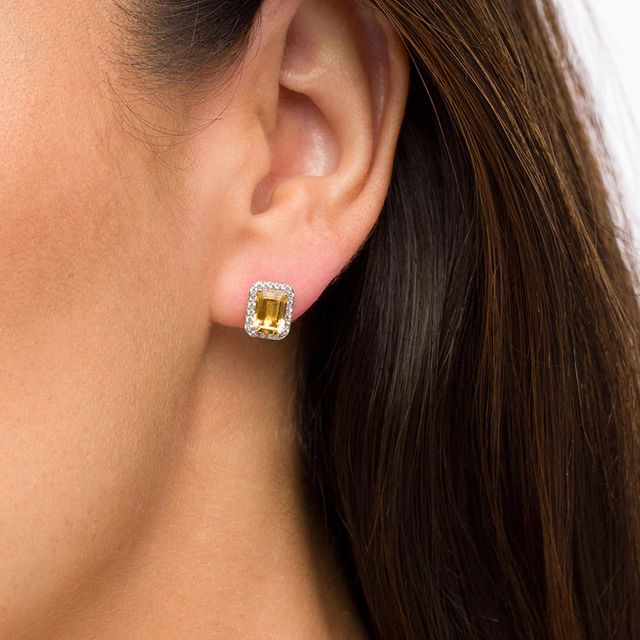 Emerald-Cut Lab-Created Citrine and White Sapphire Octagonal Frame Stud Earrings in Sterling Silver|Peoples Jewellers