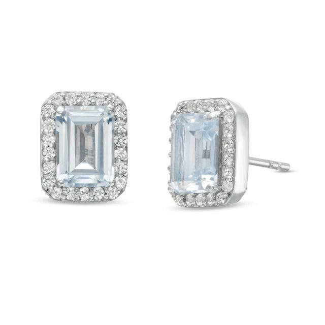 Emerald-Cut Simulated Aquamarine and Lab-Created White Sapphire Octagonal Frame Stud Earrings in Sterling Silver