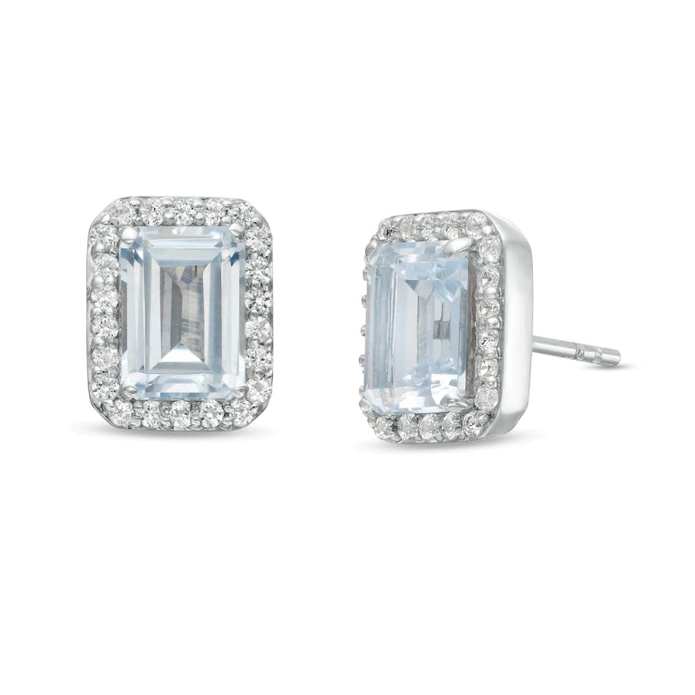 Emerald-Cut Simulated Aquamarine and Lab-Created White Sapphire Octagonal Frame Stud Earrings in Sterling Silver|Peoples Jewellers