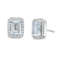 Emerald-Cut Simulated Aquamarine and Lab-Created White Sapphire Octagonal Frame Stud Earrings in Sterling Silver|Peoples Jewellers