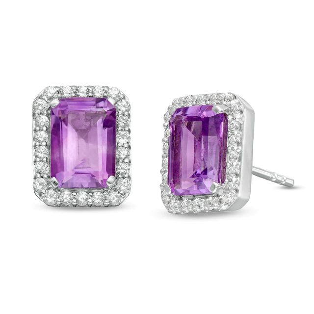 Emerald-Cut Lab-Created Amethyst and White Sapphire Octagonal Frame Stud Earrings in Sterling Silver