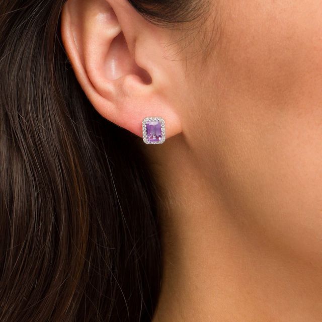 Emerald-Cut Lab-Created Amethyst and White Sapphire Octagonal Frame Stud Earrings in Sterling Silver|Peoples Jewellers