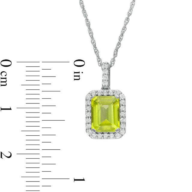 Emerald-Cut Simulated Peridot and Lab-Created White Sapphire Octagonal Frame Drop Pendant in Sterling Silver|Peoples Jewellers