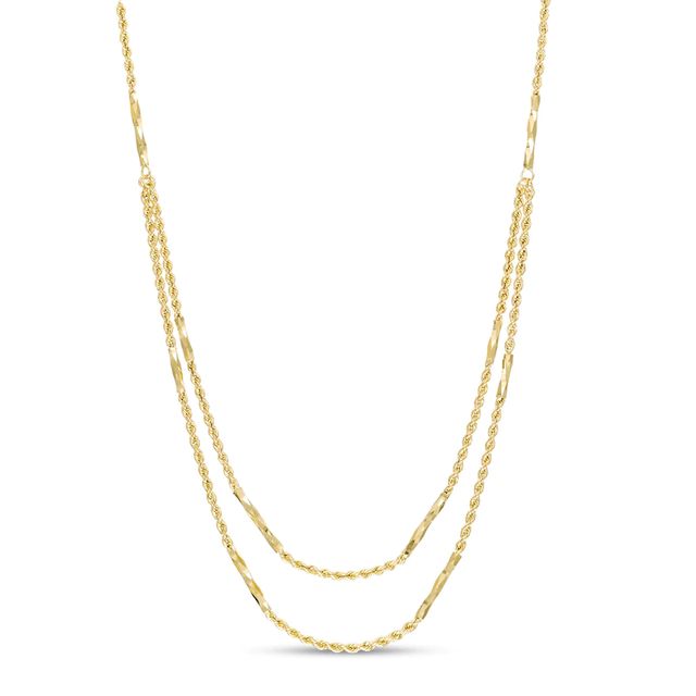 Diamond-Cut Tube Station and Rope Chain Double Strand Necklace in 10K Gold