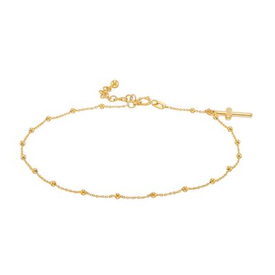 Diamond-Cut Bead Station with Cross Charm Anklet in 10K Gold - 10"|Peoples Jewellers