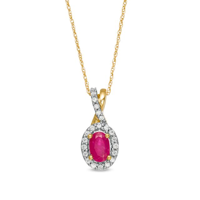 Oval Ruby and 0.15 CT. T.W. Diamond Frame Twist Drop Pendant in 10K Gold|Peoples Jewellers