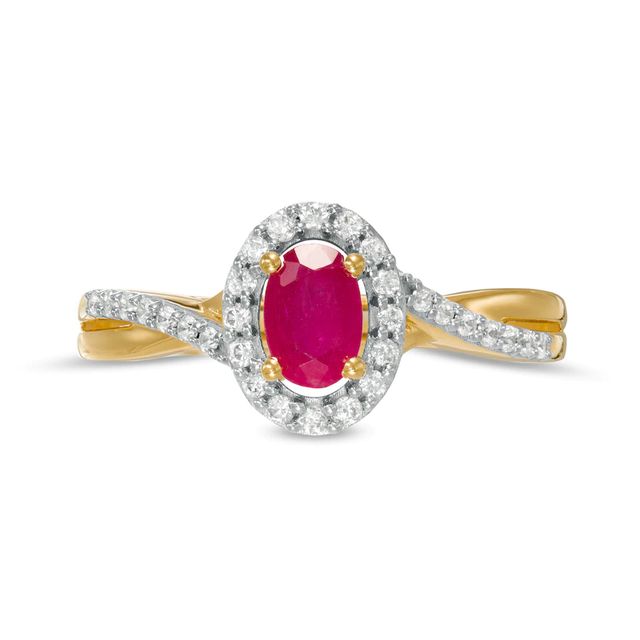 Oval Ruby and 0.20 CT. T.W. Diamond Frame Twisted Bypass Split Shank Ring in 10K Gold|Peoples Jewellers