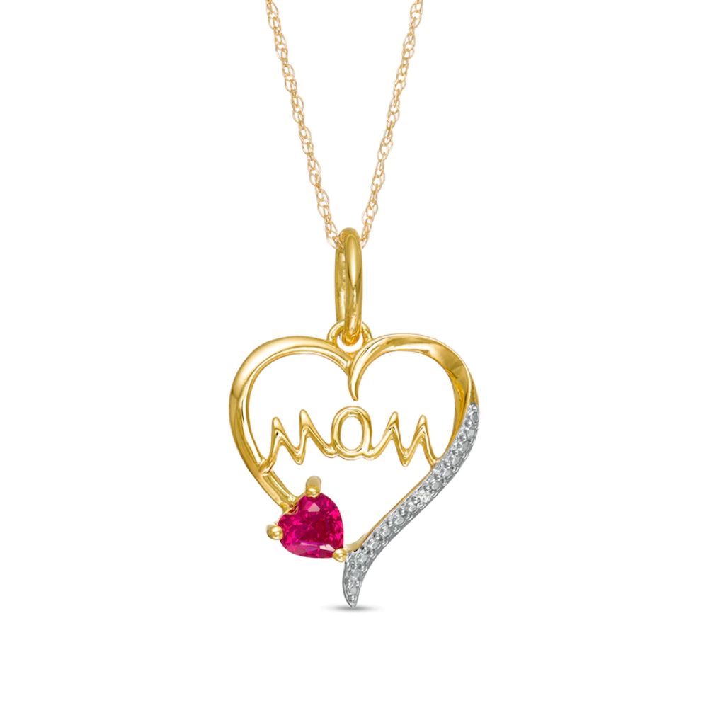 4.0mm Heart-Shaped Lab-Created Ruby and Diamond Accent "MOM" Heart Pendant in 10K Gold|Peoples Jewellers