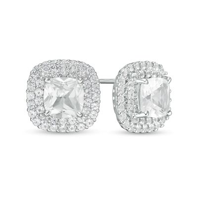 6.0mm Cushion-Cut Lab-Created White Sapphire Double Frame Stud Earrings in Sterling Silver|Peoples Jewellers