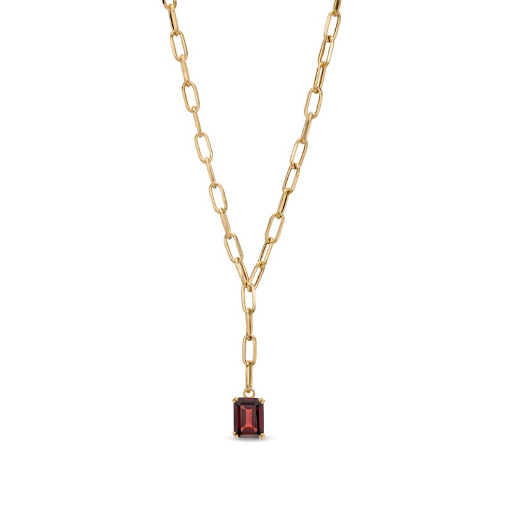 Emerald-Cut Garnet Solitaire and Paper Clip Chain "Y" Necklace in 10K Gold|Peoples Jewellers