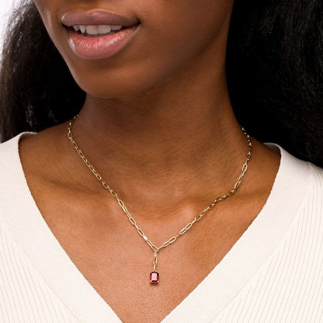 Emerald-Cut Garnet Solitaire and Paper Clip Chain "Y" Necklace in 10K Gold|Peoples Jewellers