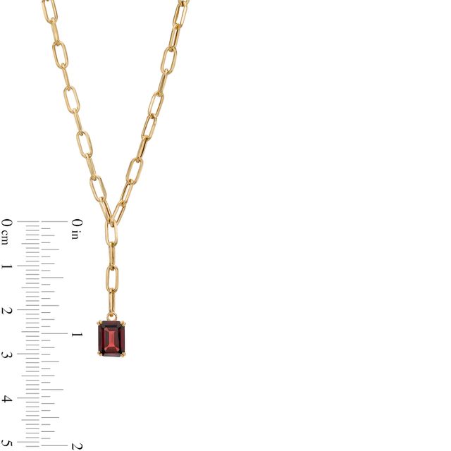 Emerald-Cut Garnet Solitaire and Paper Clip Chain "Y" Necklace in 10K Gold