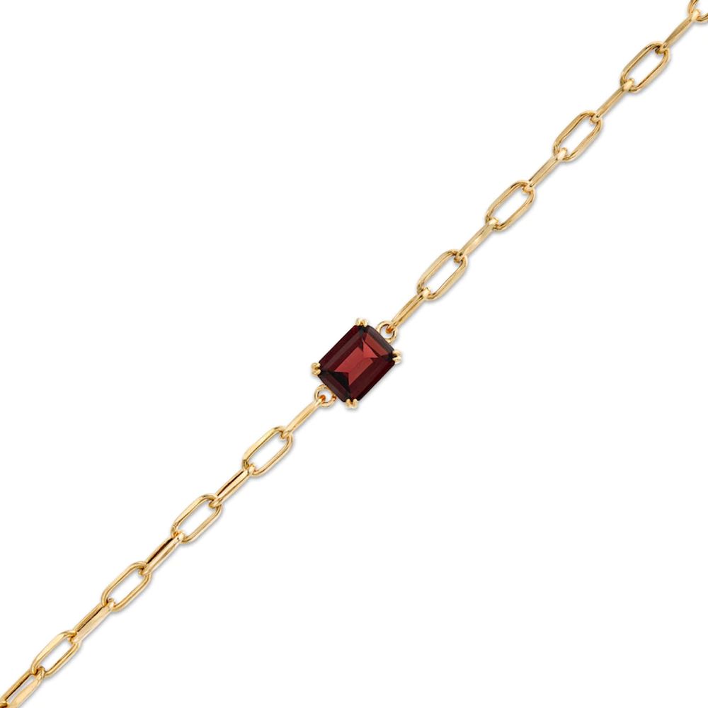 Emerald-Cut Garnet Solitaire and Paper Clip Chain Bracelet in 10K Gold - 7.25"|Peoples Jewellers