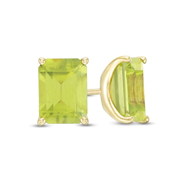 Emerald-Cut Peridot Solitaire Stud Earrings in 10K Gold|Peoples Jewellers