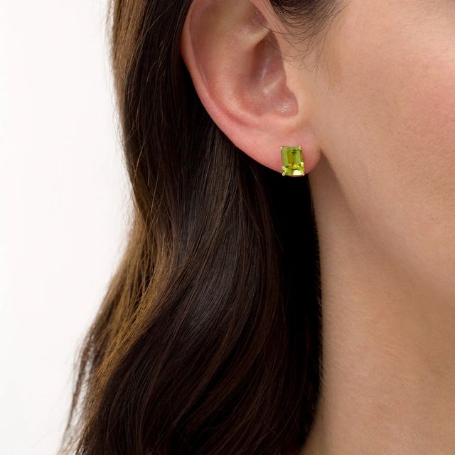 Emerald-Cut Peridot Solitaire Stud Earrings in 10K Gold|Peoples Jewellers
