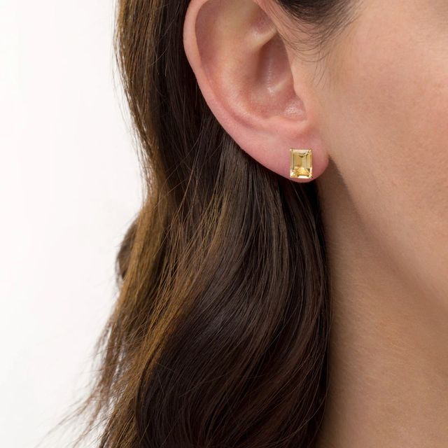 Emerald-Cut Citrine Solitaire Stud Earrings in 10K Gold|Peoples Jewellers