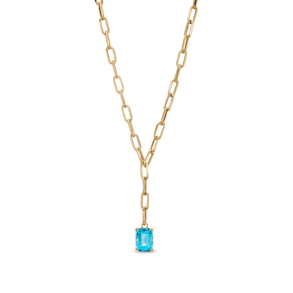 Emerald-Cut Swiss Blue Topaz Solitaire and Paper Clip Chain "Y" Necklace in 10K Gold|Peoples Jewellers