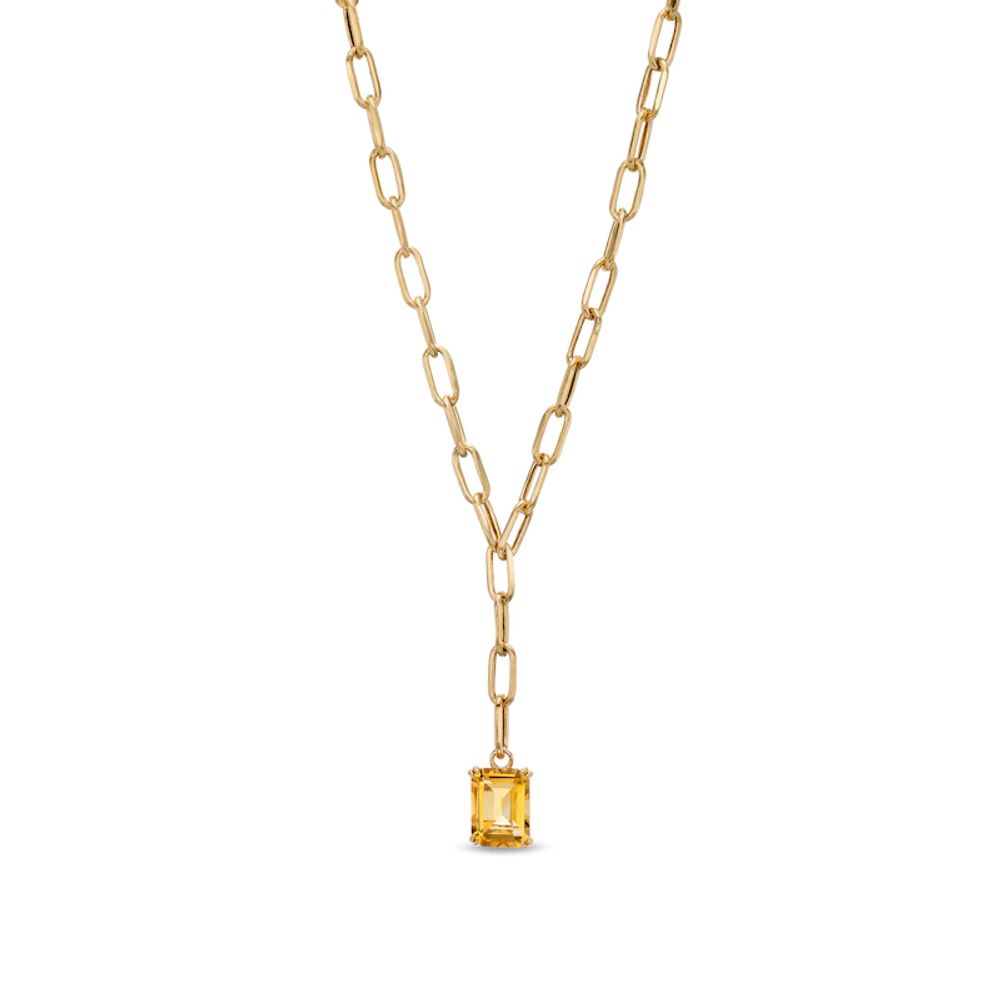 Emerald-Cut Citrine Solitaire and Paper Clip Chain "Y" Necklace in 10K Gold|Peoples Jewellers