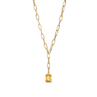 Emerald-Cut Citrine Solitaire and Paper Clip Chain "Y" Necklace in 10K Gold|Peoples Jewellers