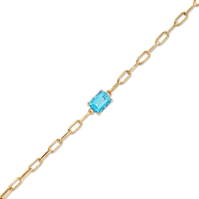 Emerald-Cut Swiss Blue Topaz Solitaire and Paper Clip Chain Bracelet in 10K Gold - 7.25"|Peoples Jewellers