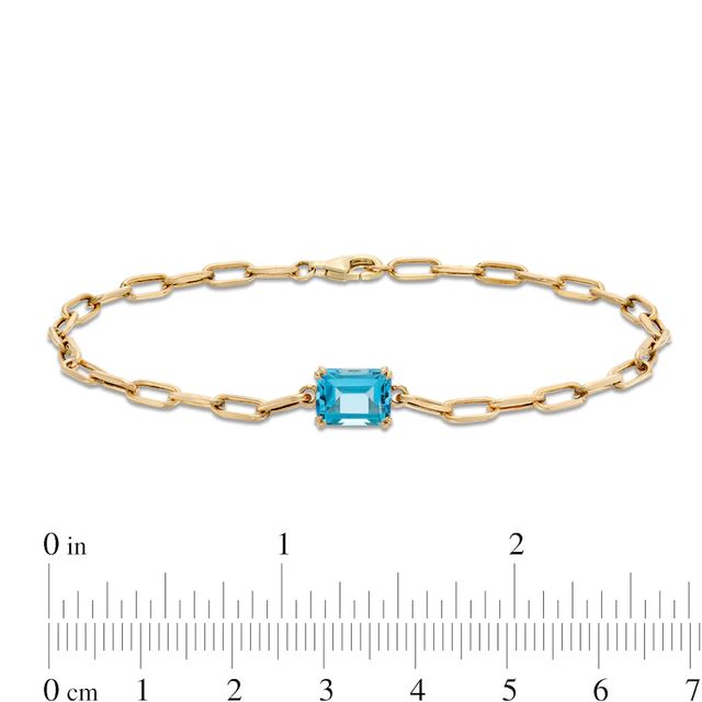 Emerald-Cut Swiss Blue Topaz Solitaire and Paper Clip Chain Bracelet in 10K Gold - 7.25"|Peoples Jewellers