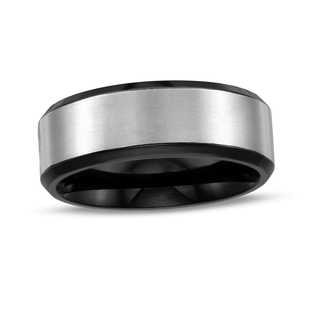 Men's 8.0mm Brushed Beveled Edge Comfort-Fit Wedding Band in Titanium and Black IP|Peoples Jewellers