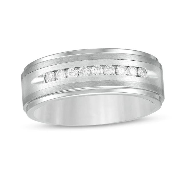 Men's 0.24 CT. T.W. Diamond Multi-Finish Stepped Edge Comfort-Fit Wedding Band in Stainless Steel and Tungsten - Size 10|Peoples Jewellers