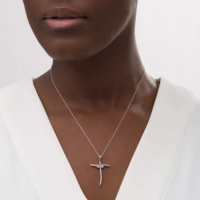 Peoples Private Collection 0.10 CT. T.W. Diamond Curved Cross Pendant in 10K White Gold|Peoples Jewellers