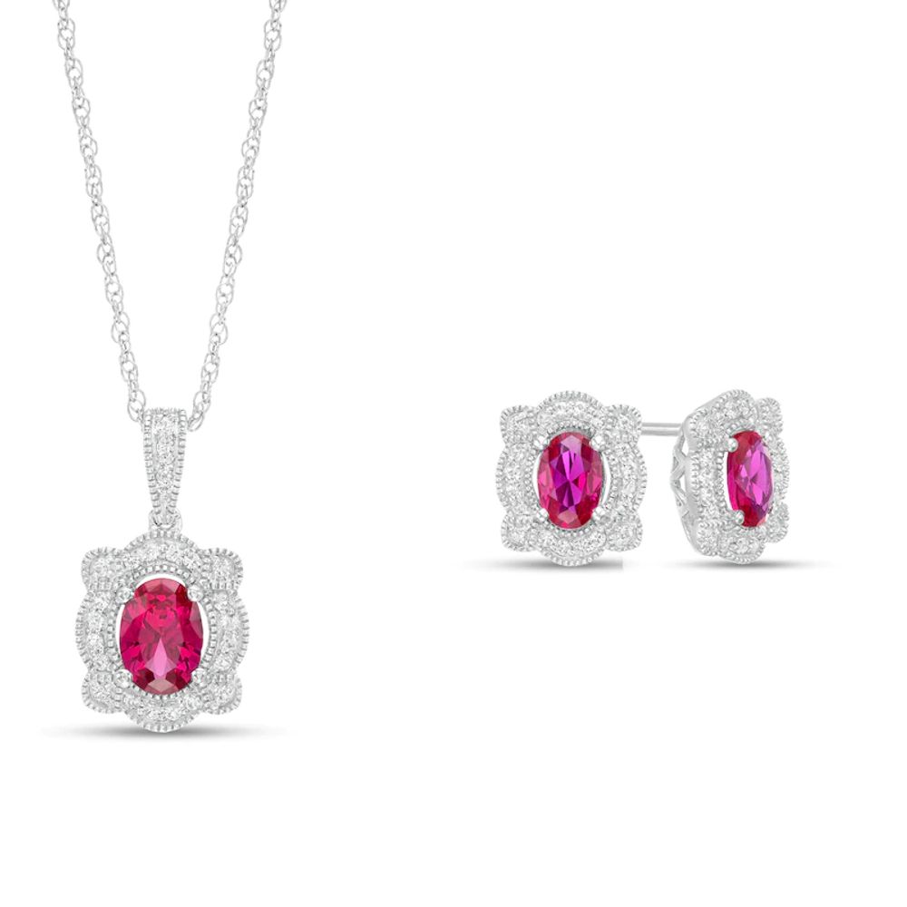 Oval Lab-Created Ruby and White Sapphire Frame Vintage-Style Pendant and Stud Earrings Set in Sterling Silver|Peoples Jewellers