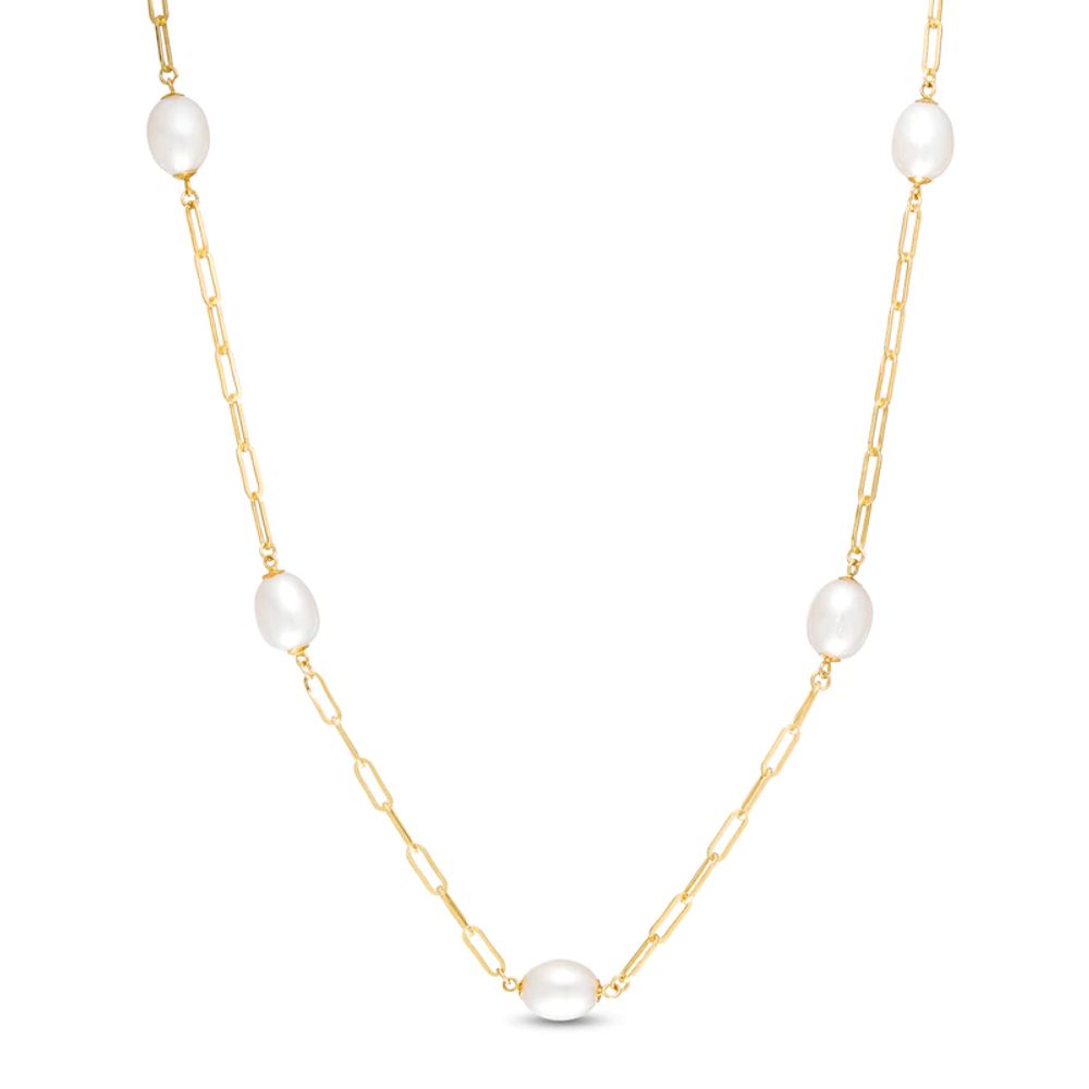 7.0-8.0mm Oval Freshwater Cultured Pearl Station Paper Clip Link Necklace in 14K Gold|Peoples Jewellers