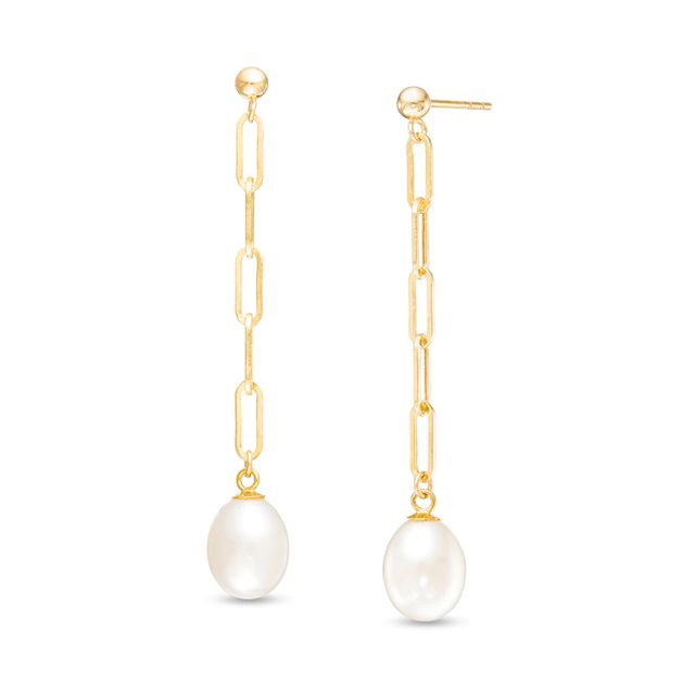 7.0-8.0mm Oval Freshwater Cultured Pearl Paper Clip Link Linear Drop Earrings in 14K Gold