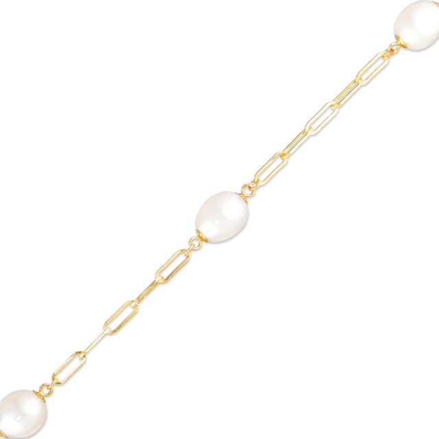 7.0-8.0mm Oval Freshwater Cultured Pearl Station Paper Clip Link Bracelet in 14K Gold-7.25"|Peoples Jewellers