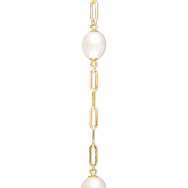 7.0-8.0mm Oval Freshwater Cultured Pearl Station Paper Clip Link Bracelet in 14K Gold-7.25"|Peoples Jewellers