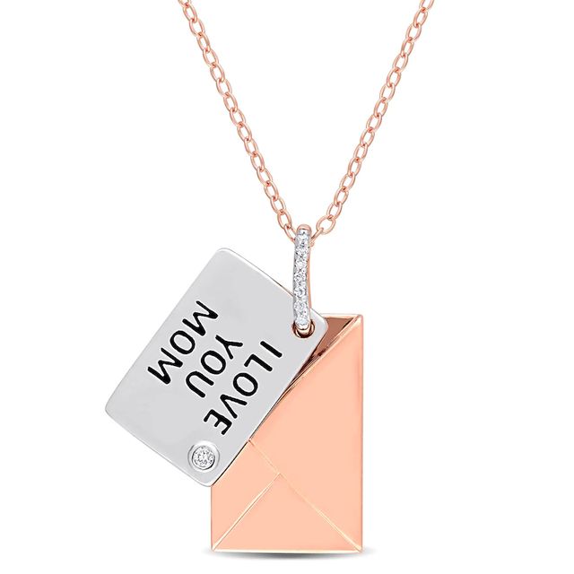 Diamond Accent "I LOVE YOU MOM" Letter Pendant in Sterling Silver with Rose Rhodium Plate