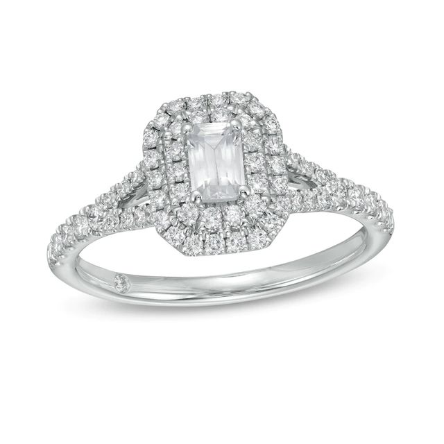 Emmy London 0.80 CT. T.W. Certified Emerald-Cut Diamond Double Frame Engagement Ring in 18K Gold (F/VS2)|Peoples Jewellers