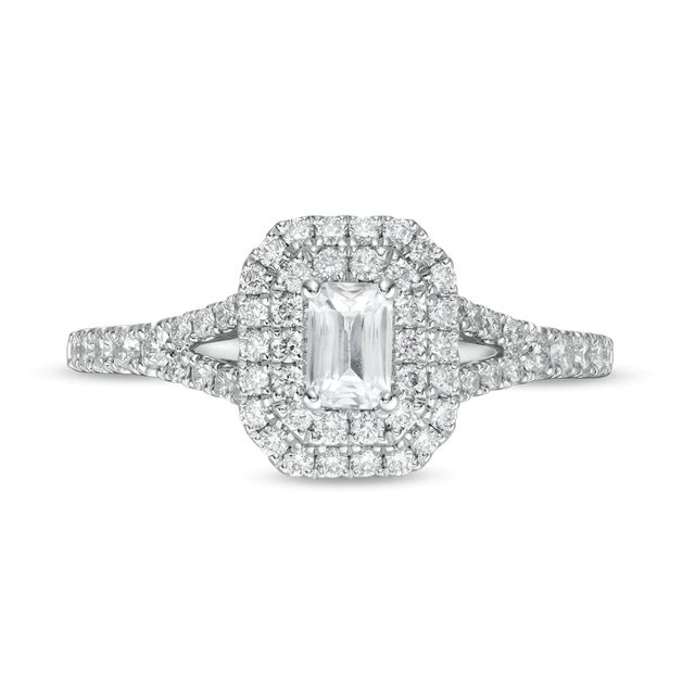 Emmy London 0.80 CT. T.W. Certified Emerald-Cut Diamond Double Frame Engagement Ring in 18K Gold (F/VS2)|Peoples Jewellers