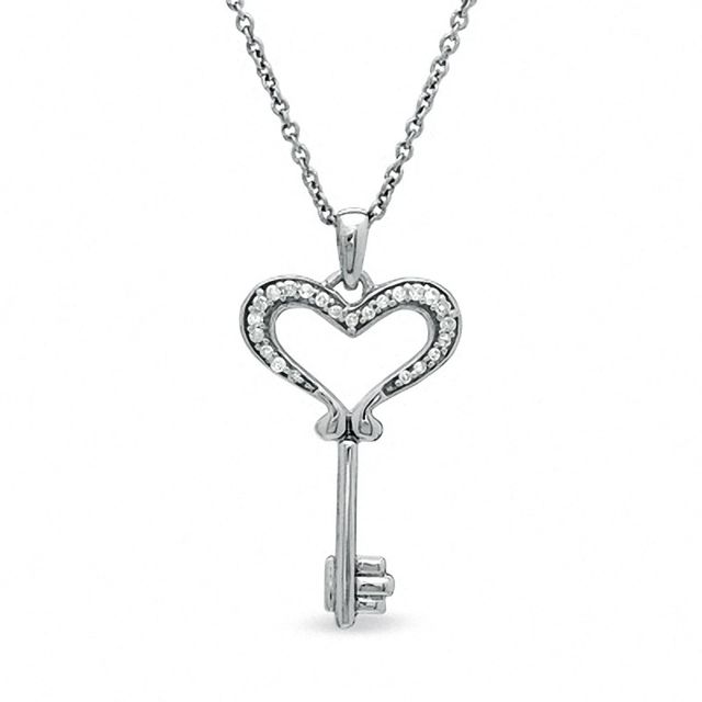 Previously Owned - 0.05 CT. T.W. Diamond Small Heart Key Pendant in Sterling Silver|Peoples Jewellers