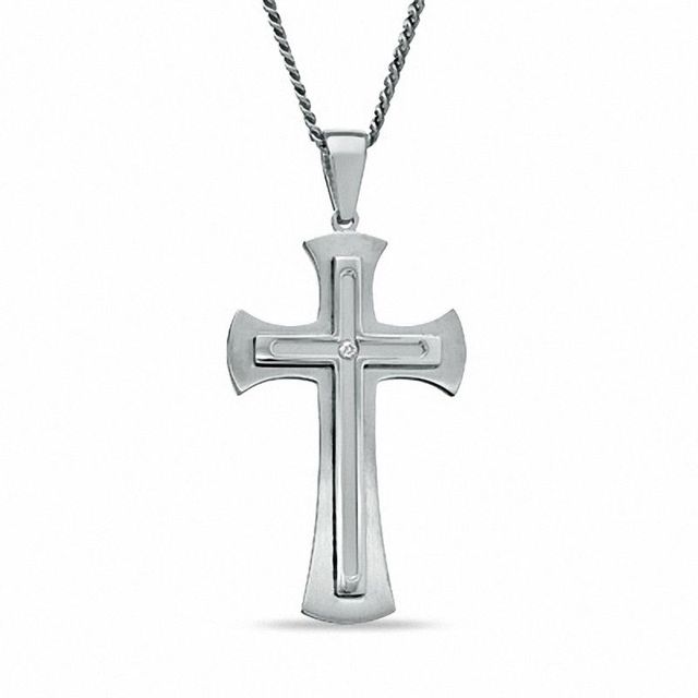 Previously Owned - Men's Diamond Accent Cross Pendant in Stainless Steel - 24"